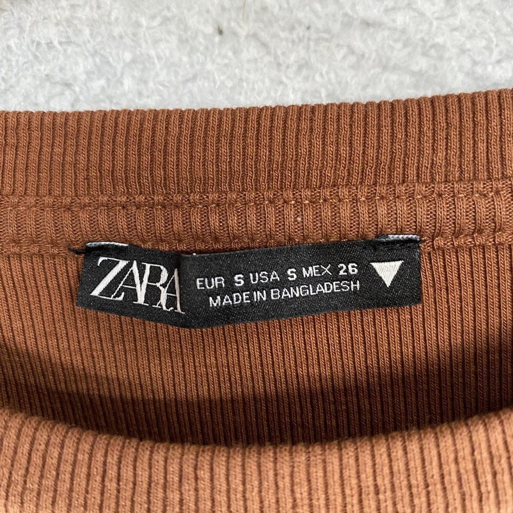 Zara T Shirt Dress Womens S Brown Ruched Bodycon Mini Ribbed Capsule Neutral - Picture 6 of 12